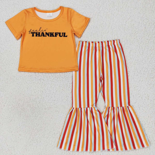 GSPO0883 Letter of thankful orange short-sleeved blue and red striped bell-bottom trousers suit