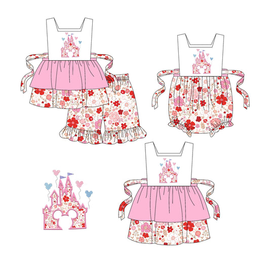 1.21 custom each style moq 5eta 4-6week Sibling Sisters floral baby girl short sleeve shorts sets and dress and rompers match family design