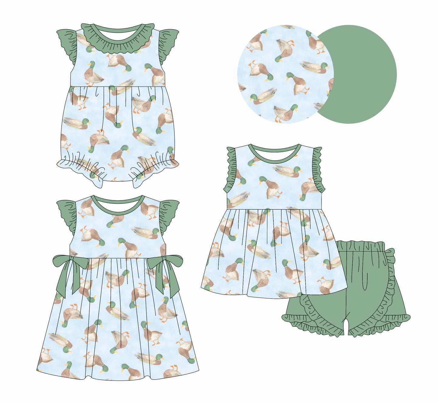 1.7 custom each style moq 5eta 4-6week Sibling Sister duck baby girl short sleeve shorts sets and dress and rompers match family design