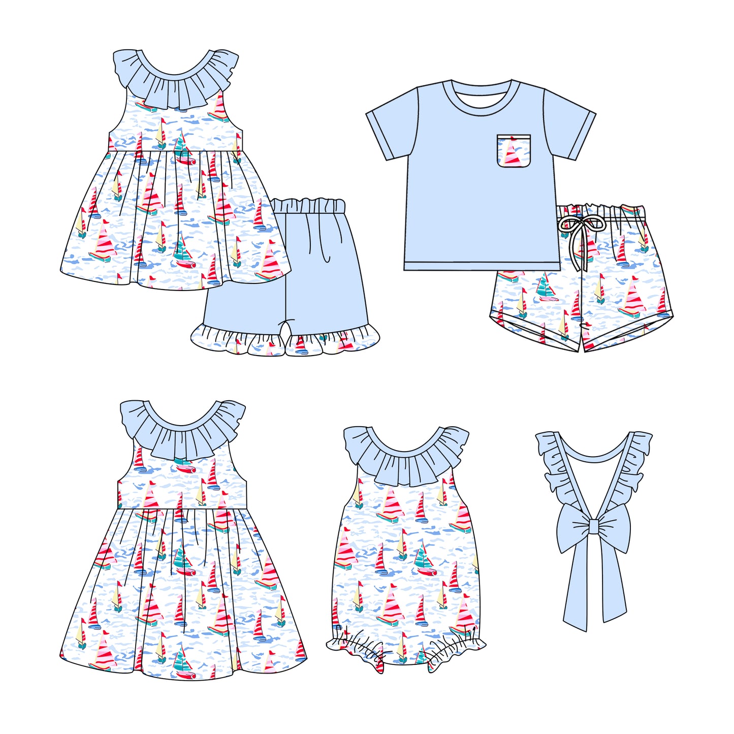 1.10 custom each style moq 5eta 4-6week Sibling Sister boat baby girl short sleeve shorts sets and dress and rompers match family design