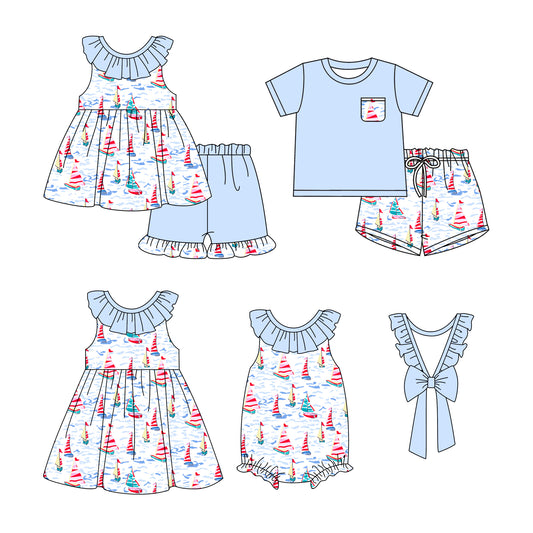 1.10 custom each style moq 5eta 4-6week Sibling Sister boat baby girl short sleeve shorts sets and dress and rompers match family design