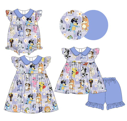 1.9 custom each style moq 5eta 4-6week Sibling Sister cartoon dog baby girl short sleeve shorts sets and dress and rompers match family design