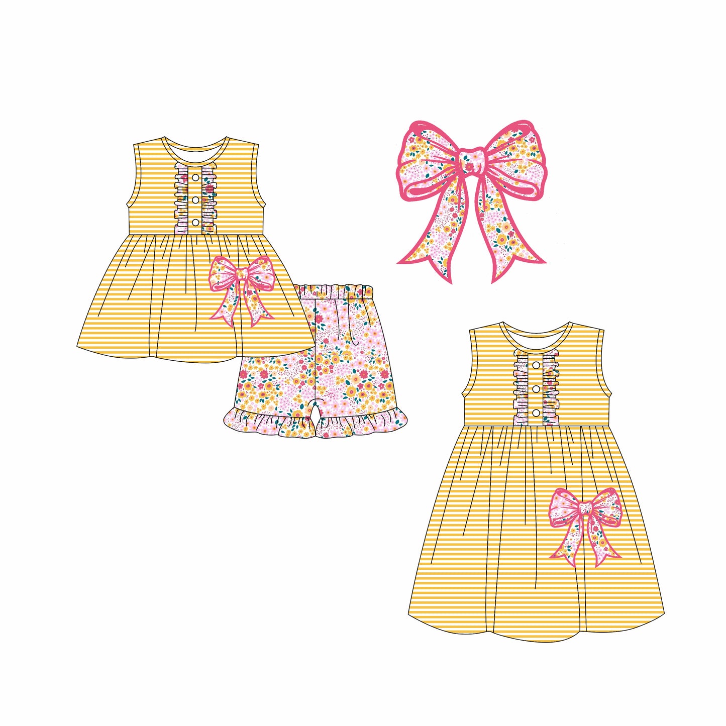 2.12 custom each style moq 5eta 4-6week Sibling Sister bow floral baby girl short sleeve shorts sets and dresses match design