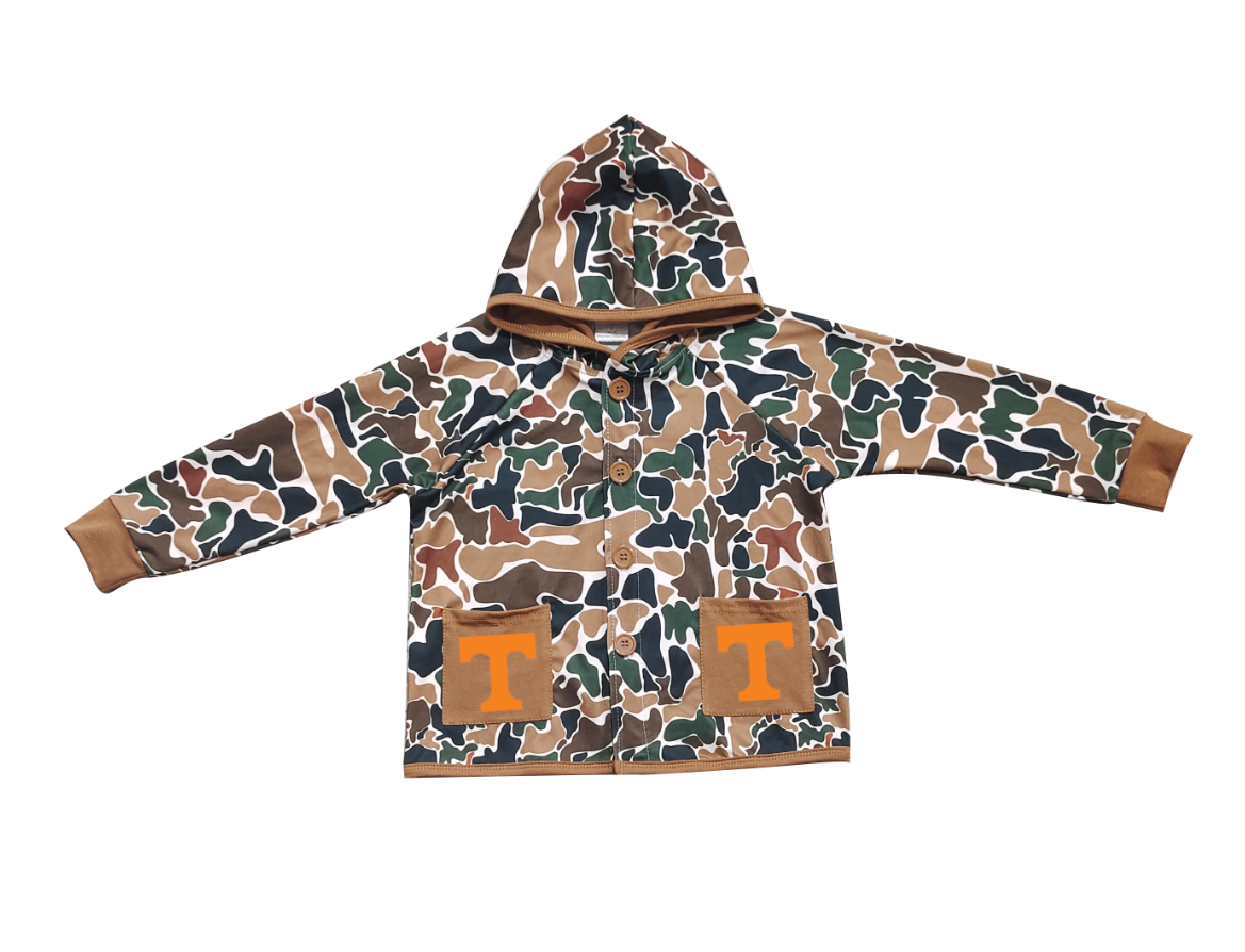 Custom moq 5 mix size milk silk baby boys clothes team summer camouflage button hooded long sleeve top-25.11.25