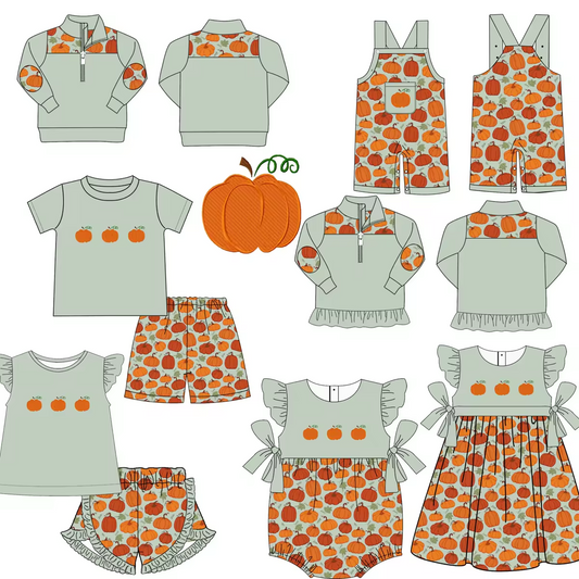 5.10custom each style moq 5eta 4-5week Sibling Sister orange prints green girls and boys outfits and baby romper match family design