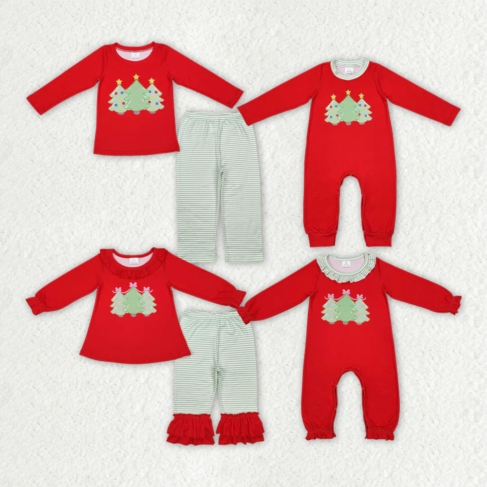 RTS NO MOQ Sibling Baby girl boys Christmas trees red long-sleeved trousers suit & romper