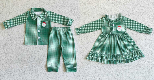 Baby Girls boys Santa Claus printed green plaid top and trousers family brother and sister set