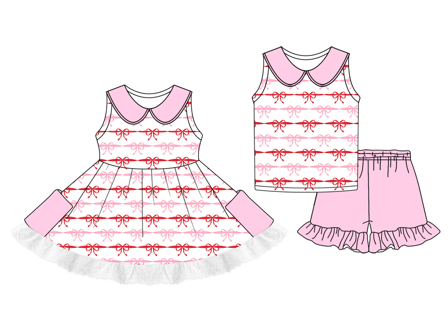 1.13 custom each style moq 5eta 4-6week Sibling Sister bow baby girl short sleeve shorts sets and dresses match design