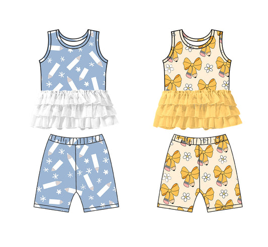 1.8 custom each style moq 5eta 4-6week Sibling Sister bow baby girls short sleeve shorts sets 1 and sets 2 match design