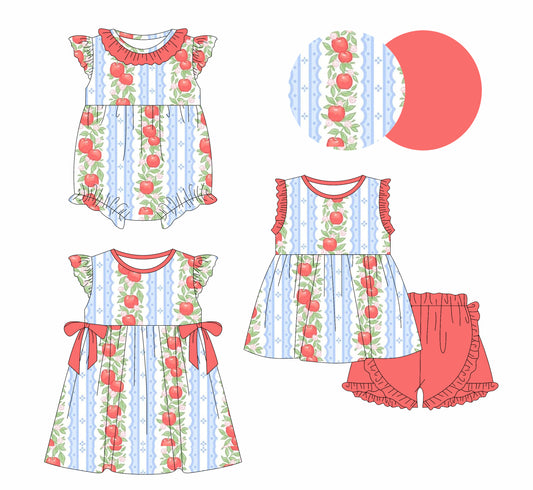 1.18 custom each style moq 5eta 4-6week Sibling Sisters apple baby girl short sleeve shorts sets and dress and rompers match family design