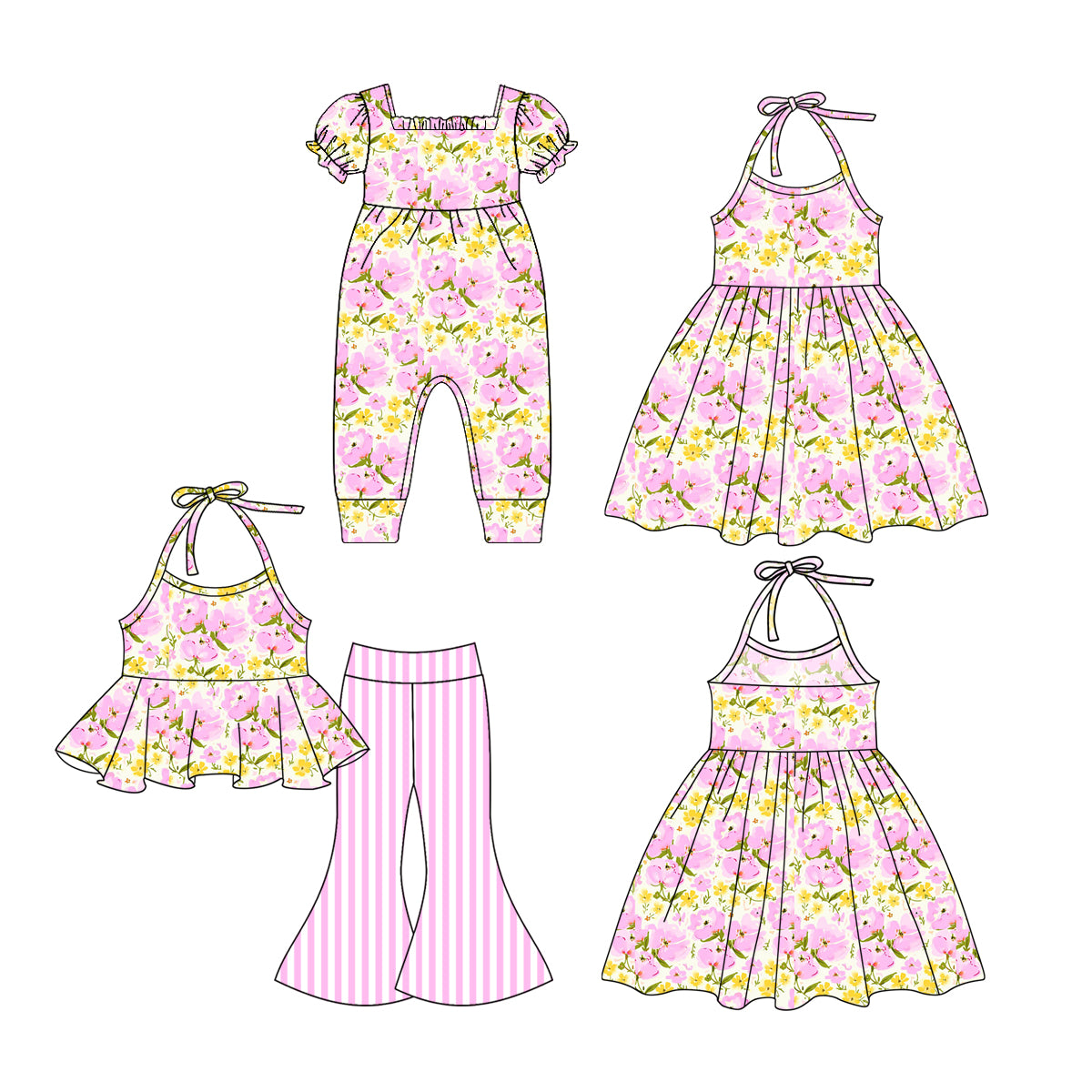 1.3 custom each style moq 5eta 4-6week Sibling Sister floral baby girl sets and dress and rompers match family design