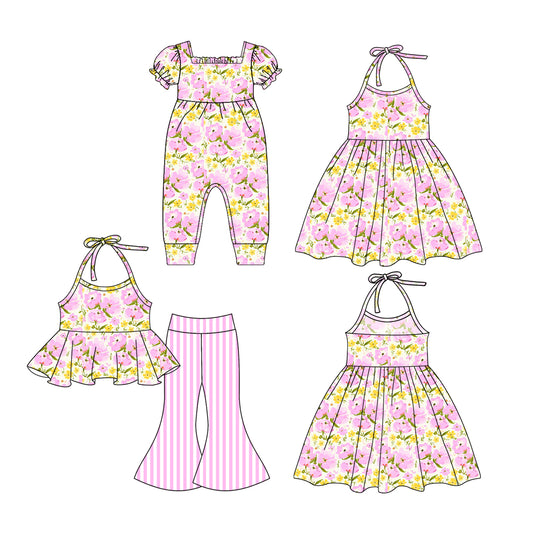 1.3 custom each style moq 5eta 4-6week Sibling Sister floral baby girl sets and dress and rompers match family design