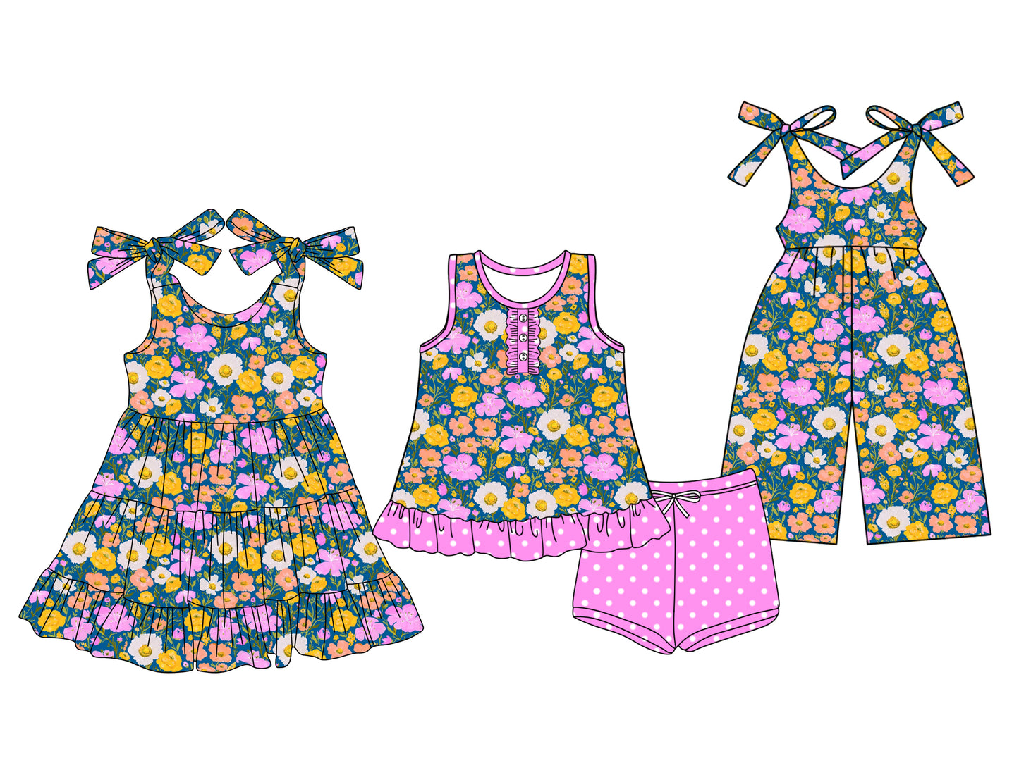 3.15 custom each style moq 5eta 4-6week Sibling Sister floral baby girl short sleeve shorts sets and dresses and jumpsuit match design