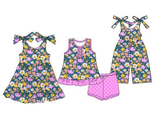 3.15 custom each style moq 5eta 4-6week Sibling Sister floral baby girl short sleeve shorts sets and dresses and jumpsuit match design