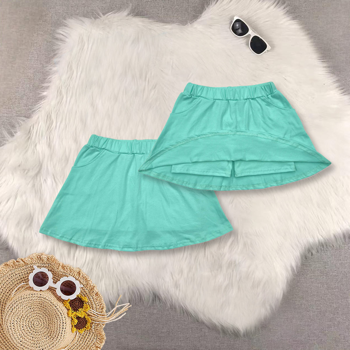 RTS NO MOQ blue short-sleeved top star striped blue and green pants skirt sets