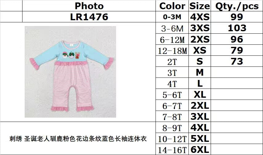 RTS NO MOQ ETA 5/7days LR1476 Embroidered Santa Claus reindeer pink lace striped blue long-sleeved jumpsuit