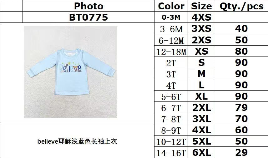 rts no moq BT0775 Believe Jesus light blue long-sleeved top