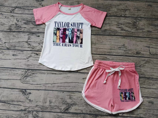 custom moq 5 eta 4-6weeks summer team baby girls clothes taylor swift short sleeve pink shorts sets