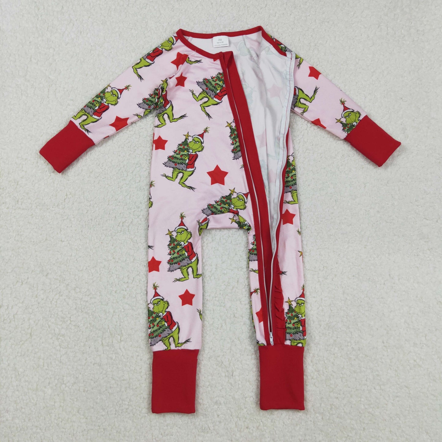 RTS NO MOQ（In Stock) LR2496 Christmas cartoon tree star red lace pink zipper long-sleeved bodysuit