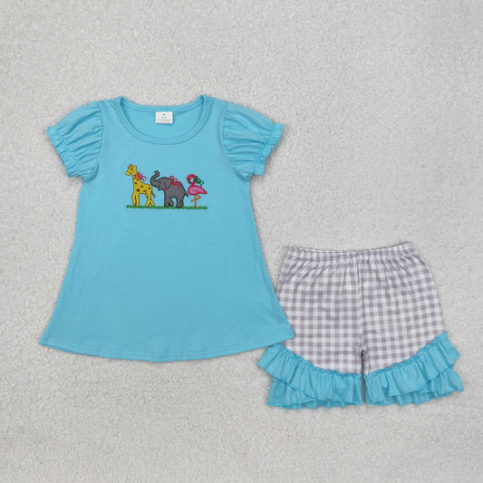 RTS NO MOQ ETA 5/7days Arrived GSSO1520 Embroidered giraffe elephant bird animal blue short-sleeved gray plaid lace shorts set