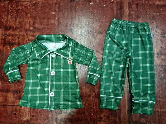 Custom moq 3 eta 6-7weeks  Dark Green Plaid Button Long Sleeve Pajama Set