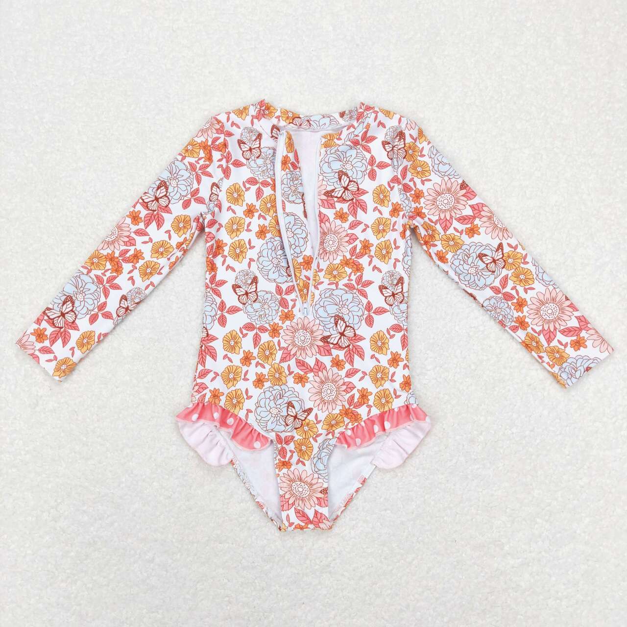 S0184 Flower Butterfly White Zip Long Sleeve One Piece Swimsuit