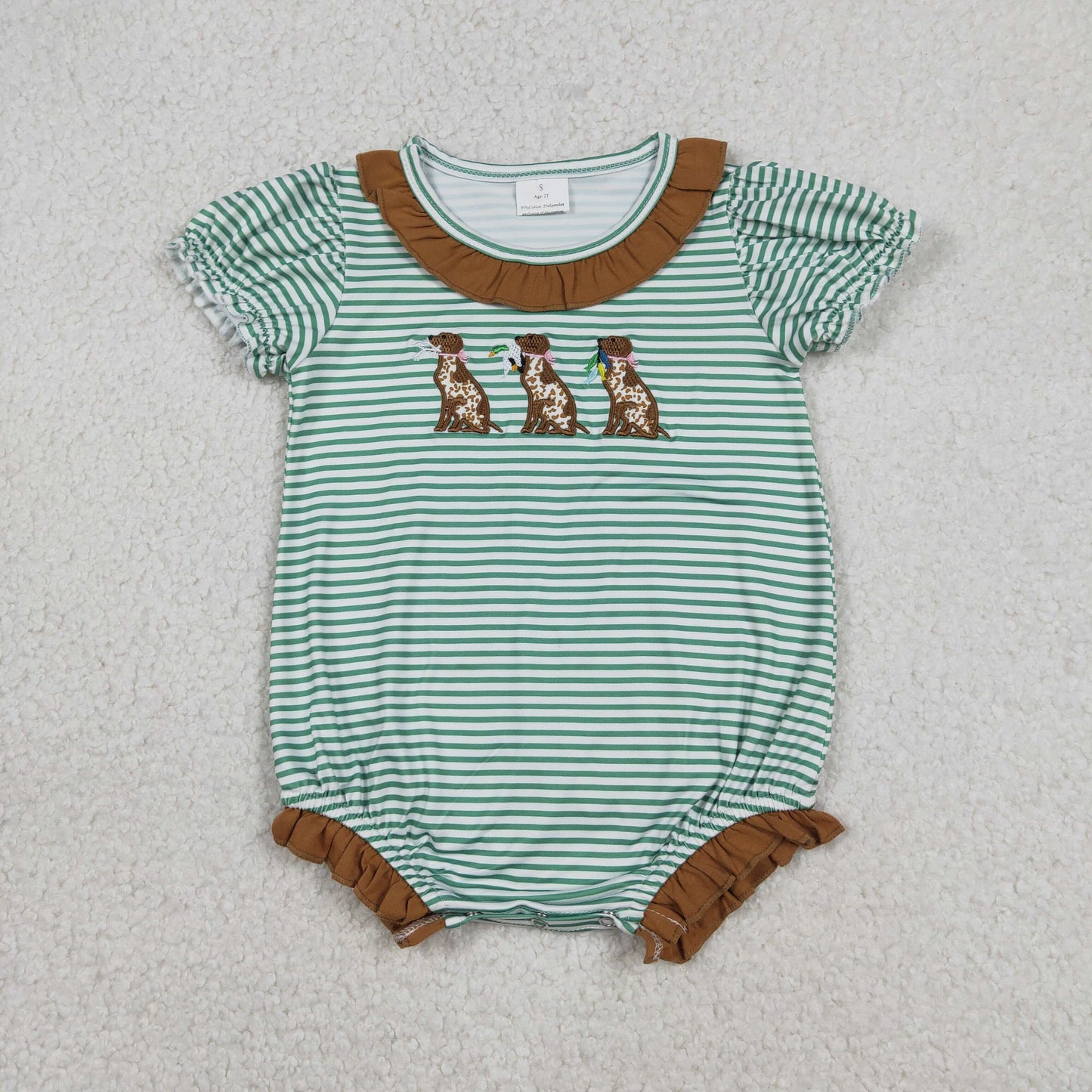 RTS NO MOQ（In Stock) Embroidery Dalmatian brown lace green striped short-sleeved jumpsuit