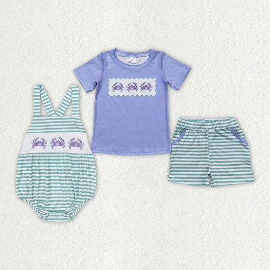 RTS NO MOQ Baby Boys Blue Crabs Sibling Brother Rompers Shorts Clothes Sets