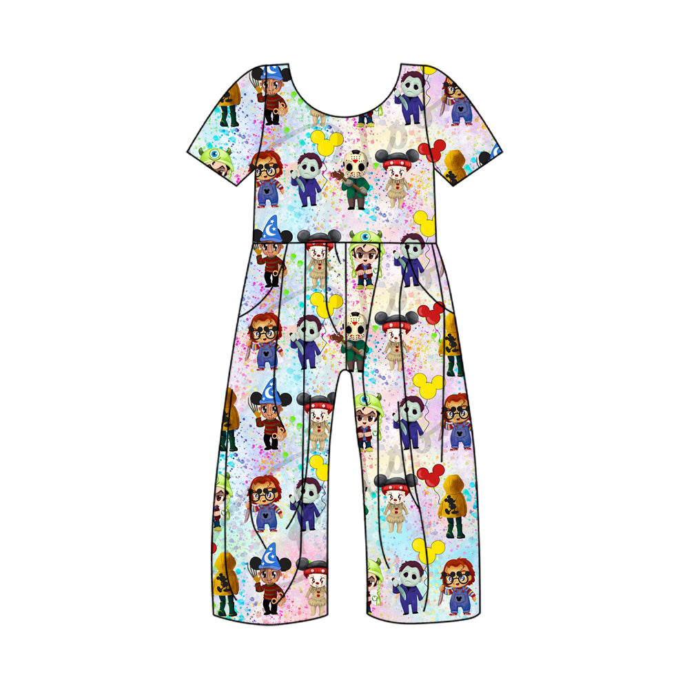 5.2custom each style moq 5eta 4-5week Sibling Sister Halloween scary cartoon character prints girls jumpsuits and dress and baby romper match family design