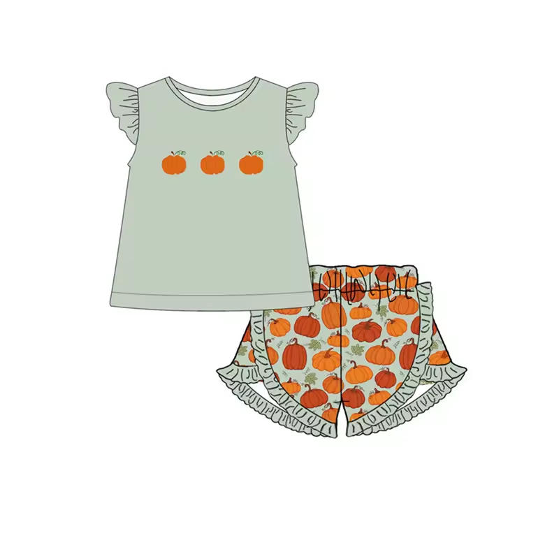 5.10custom each style moq 5eta 4-5week Sibling Sister orange prints green girls and boys outfits and baby romper match family design