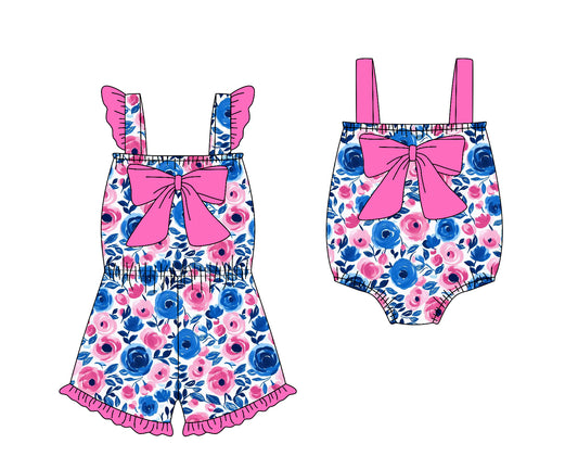 1.23 custom each style moq 5eta 4-6week Sibling Sister floral baby girls short sleeve jumpsuit and romper match design