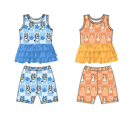 1.8 custom each style moq 5eta 4-6week Sibling Sister cartoon dog baby girls short sleeve shorts sets 1 and sets 2 match design