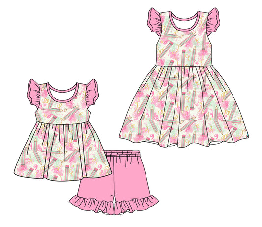 3.15 custom each style moq 5eta 4-6week Sibling Sister baby girl short sleeve shorts sets and dresses match design
