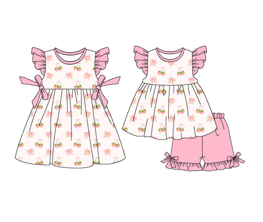 1.6 custom each style moq 5eta 4-6week Sibling Sister strawberry bow baby girl short sleeve shorts sets and dresses match design