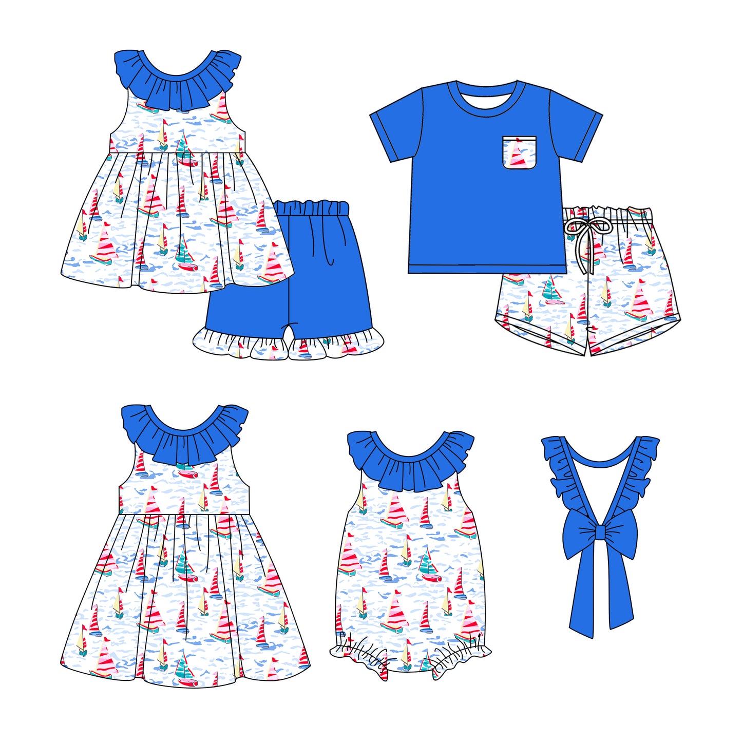 1.10 custom each style moq 5eta 4-6week Sibling Sister boat baby girl short sleeve shorts sets and dress and rompers match family design