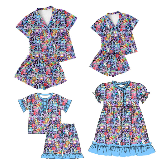 12.28 custom each style moq 5eta 4-6week Sibling Sister cartoon dog baby girls short sleeve shorts sets and adult sets and girls sets and dress match design