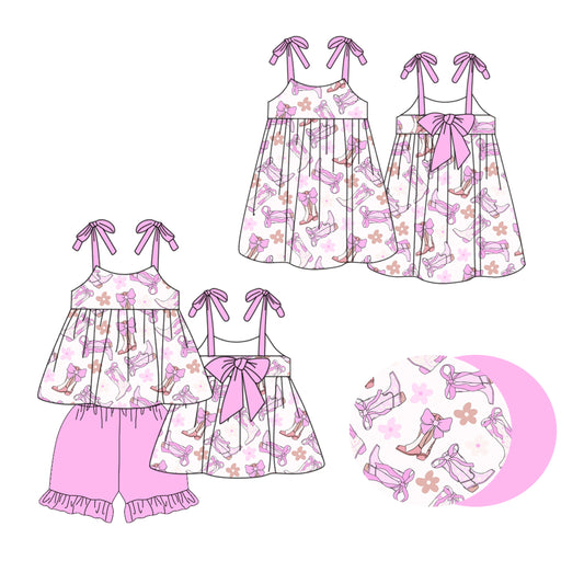 1.20 custom each style moq 5eta 4-6week Sibling Sisters boots bow baby girl short sleeve shorts sets and dress match family design