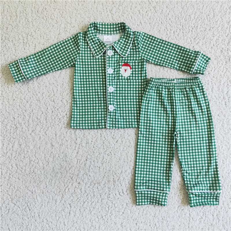 Baby Girls boys Santa Claus printed green plaid top and trousers family brother and sister set