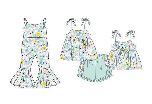 1.24 custom each style moq 5eta 4-6week Sibling Sister floral baby girls short sleeve shorts sets and jumpsuit match design