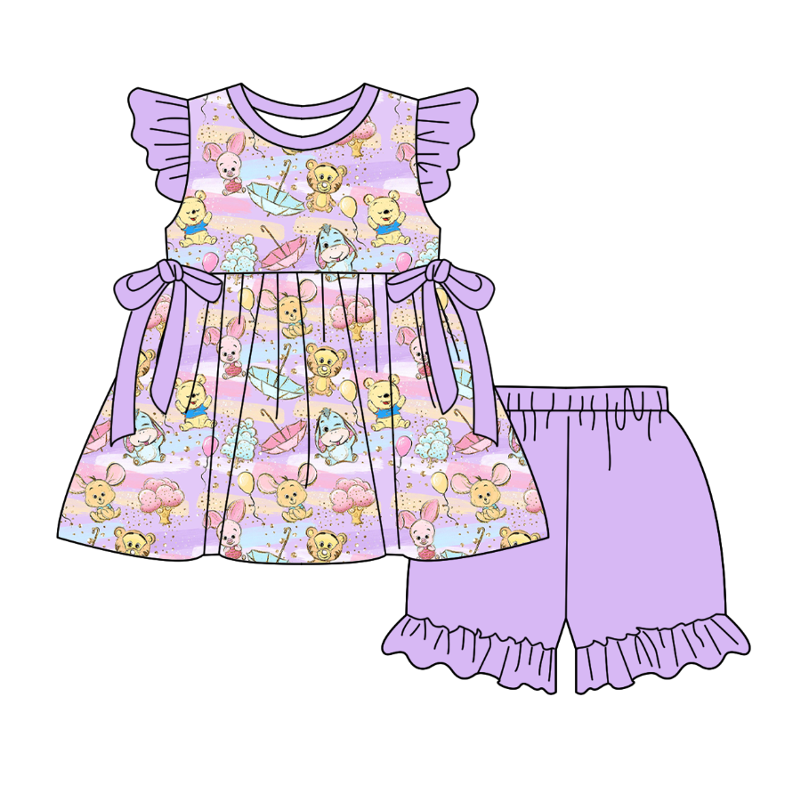 Custom moq 5 mix size milk silk baby girl boy clothes cartoon short sleeve shorts sets 2 and dresses and top