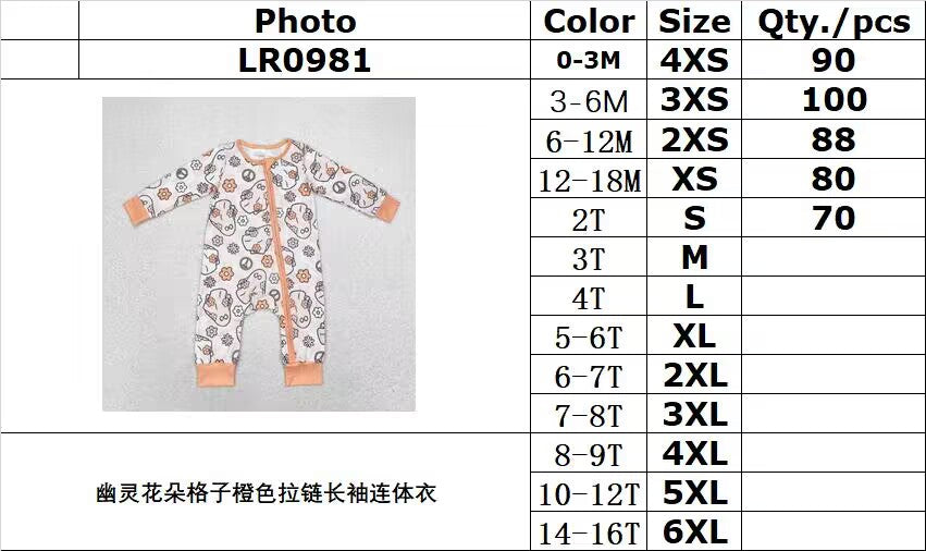 rts no moq LR0981 ghost flower plaid orange zipper long sleeve jumpsuit