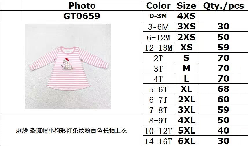 rts no moq GT0659 Embroidered Christmas hat puppy colorful lights striped pink and white long-sleeved top