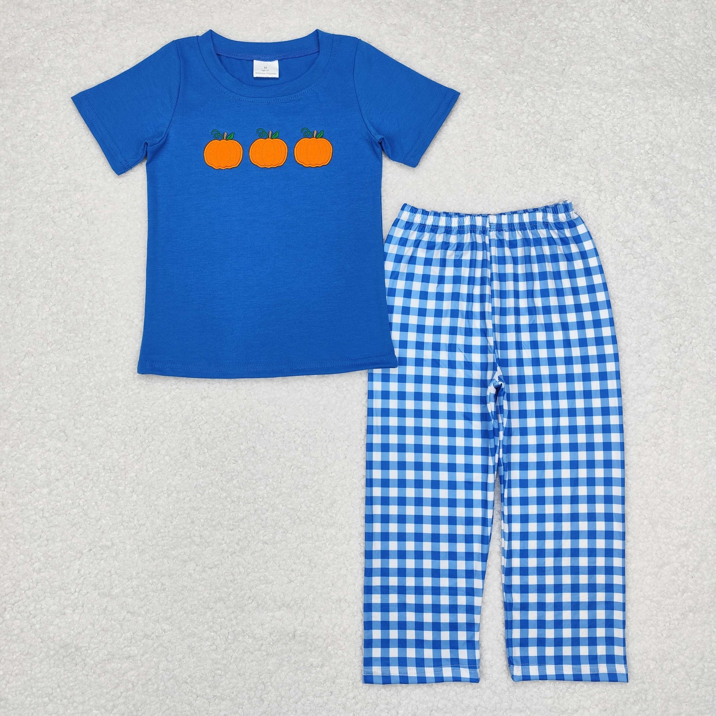 RTS no moq BSPO0468 Embroidered pumpkin blue short-sleeved plaid trousers suit