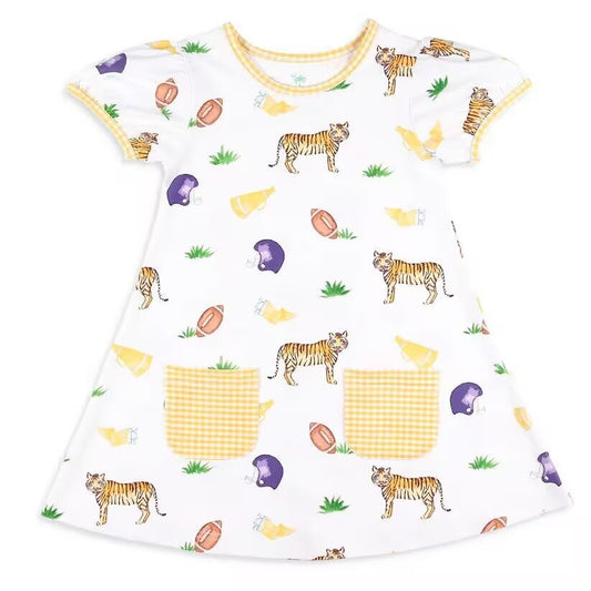 custom moq 3 eta 6-7weeks baby girls clothes tiger yellow short sleeve Dress