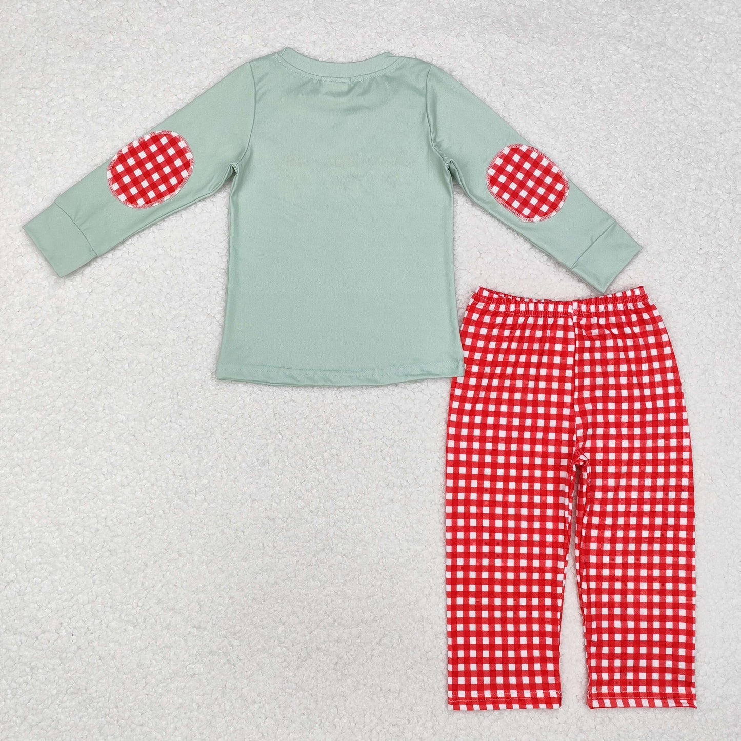 RTS NO MOQ ETA 5/7days BLP0774 Santa Claus green long-sleeved top and red and white plaid trousers set