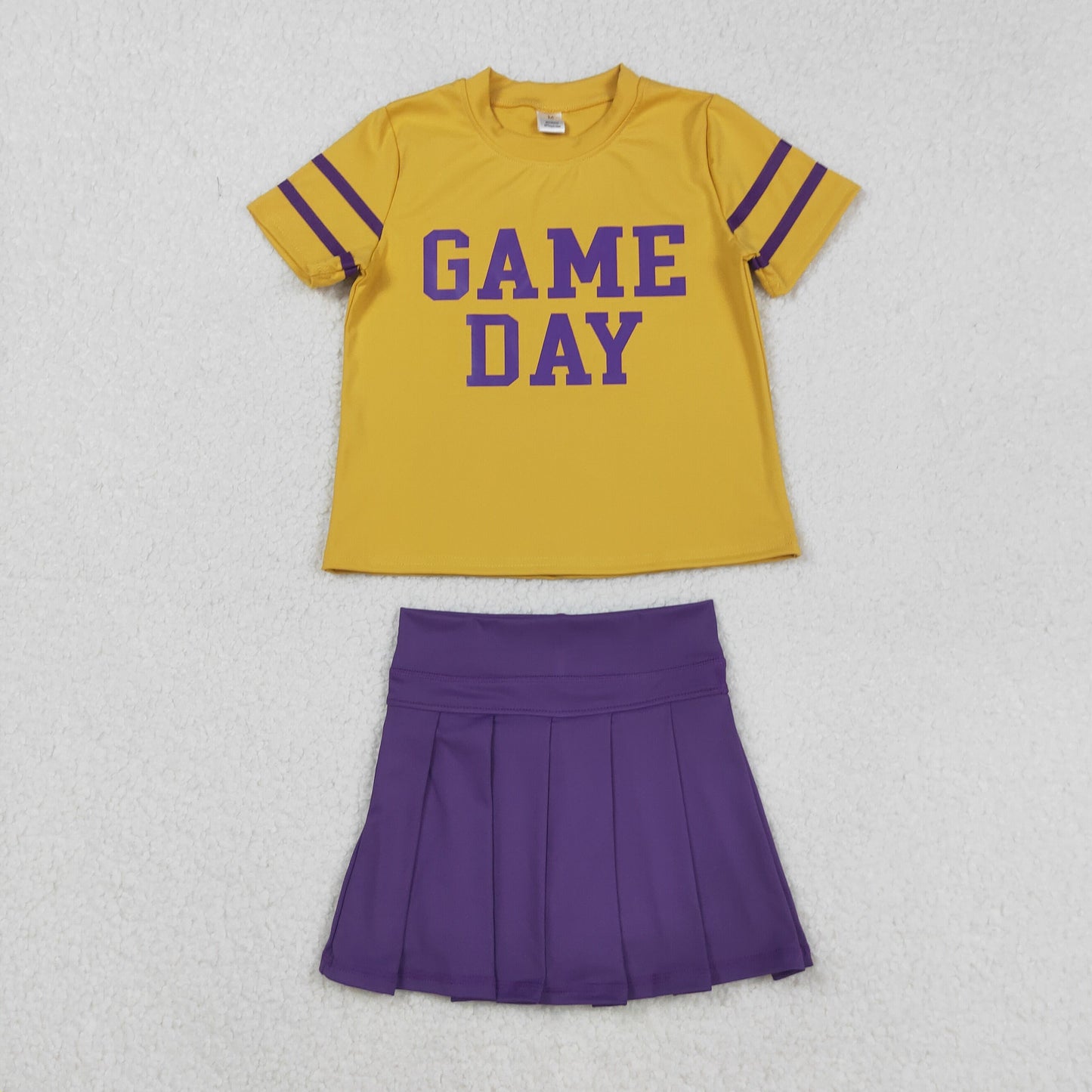 RTS NO MOQ（In Stock) GT1100+GLK0086 Game Day Offset Purple Lettering Striped Yellow Yoga Short-Sleeved Top Pure Purple Yoga Skirt set