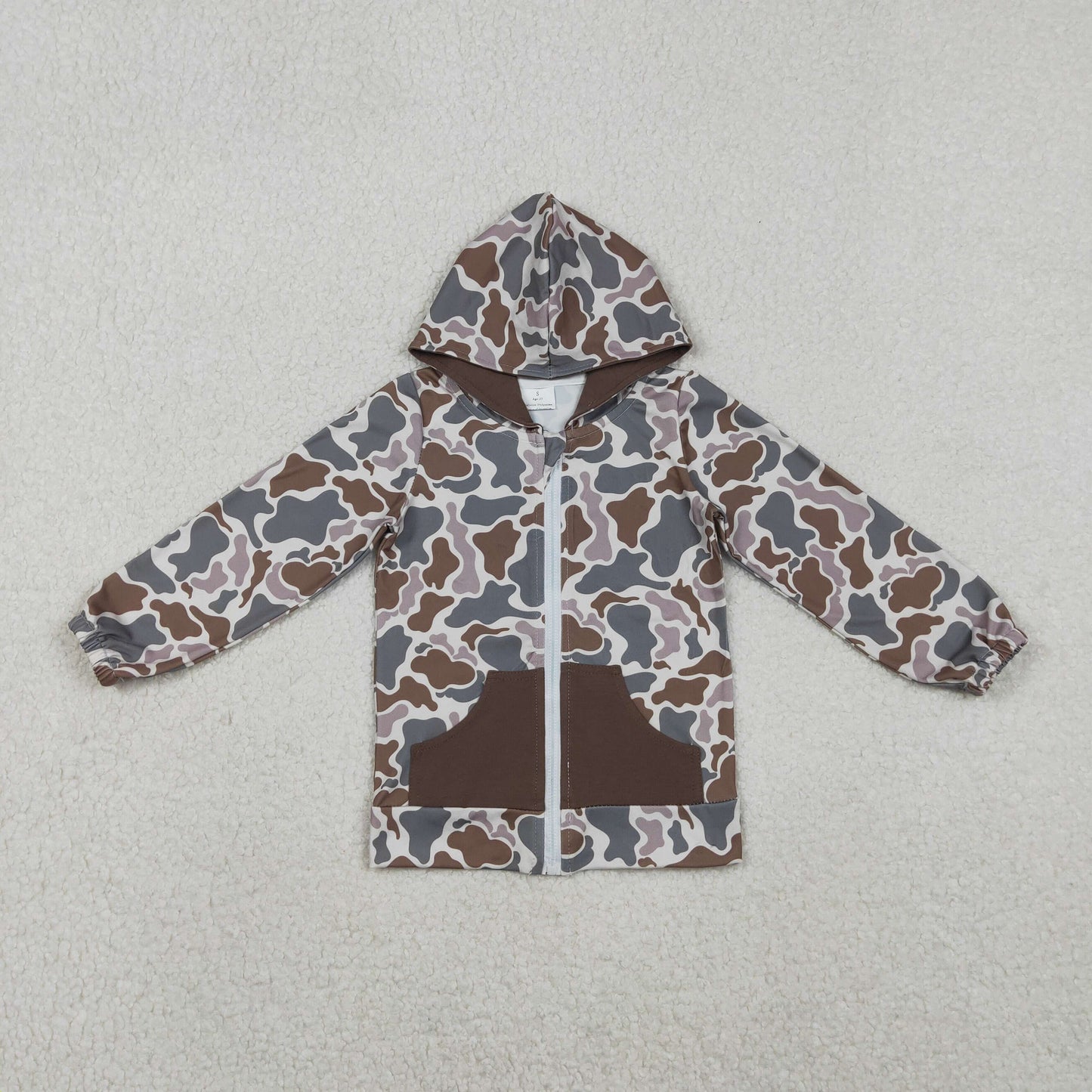RTS NO MOQ（In Stock) BT1376 Camouflage Brown Pocket Hooded Zipper Long-Sleeved Top