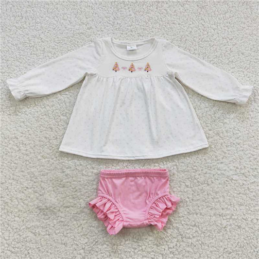 RTS NO MOQ（In Stock) GBO0165 Embroidery Christmas Long Sleeve Pink Briefs Set
