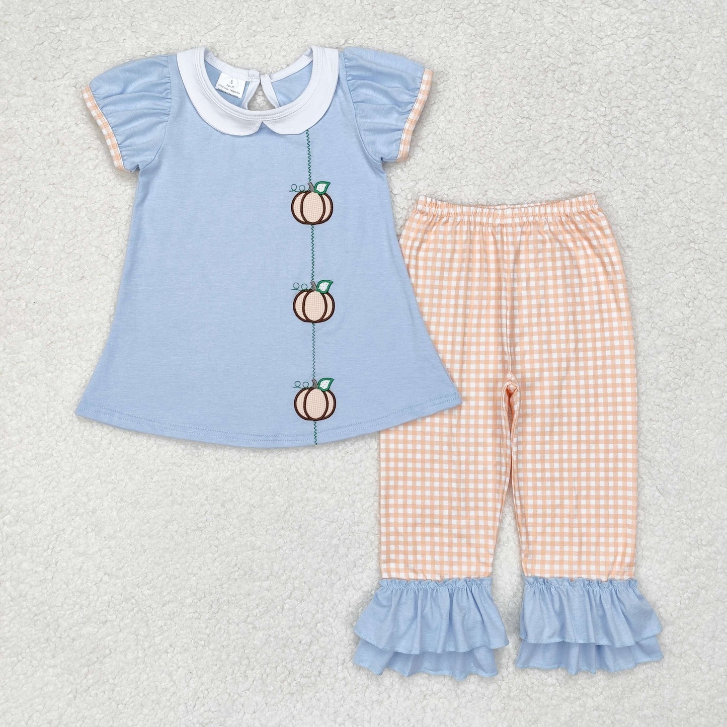 RTS NO MOQ GSPO1534 Embroidered pumpkin doll collar blue short-sleeved orange plaid trousers suit