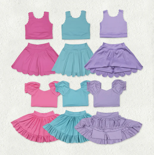 RTS NO MOQ Sibling baby Girls clothes yoga short sleeve Clothes skirts Sets